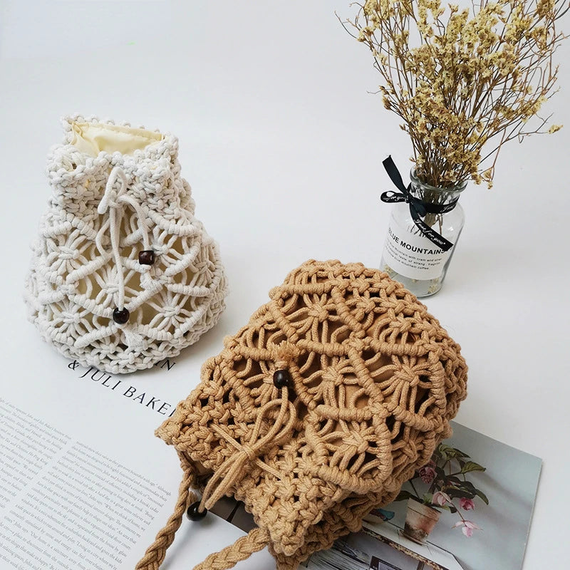 Handcrafted Straw Cotton Rope Bucket Bag Hollow Mesh Summer Beach Handbag