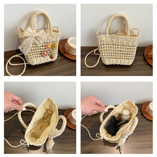 Handwoven Women Handbags Rattan Flower with Lace Bow Composite Shoulder Bag