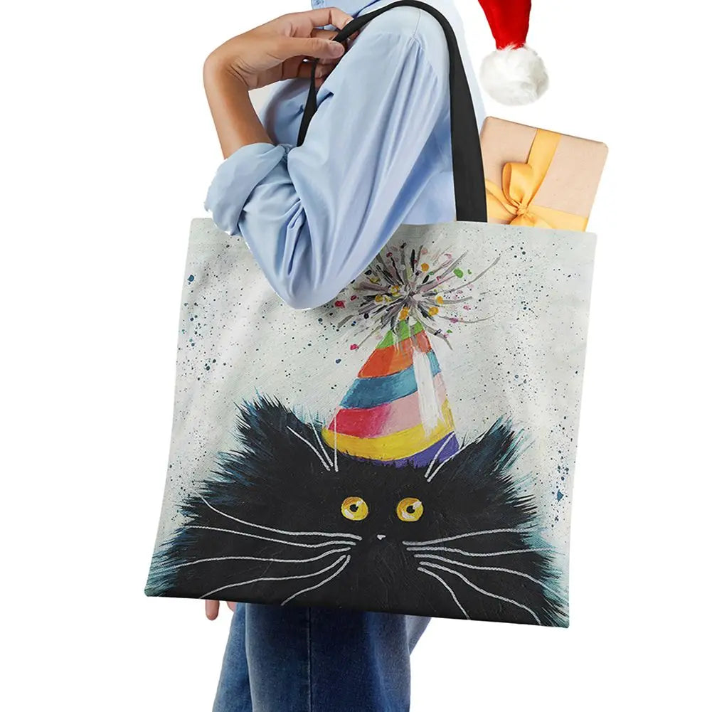 Harajuku Canvas Shopper Bag Abstract Art Cat Eco Travel Shoulder Bag