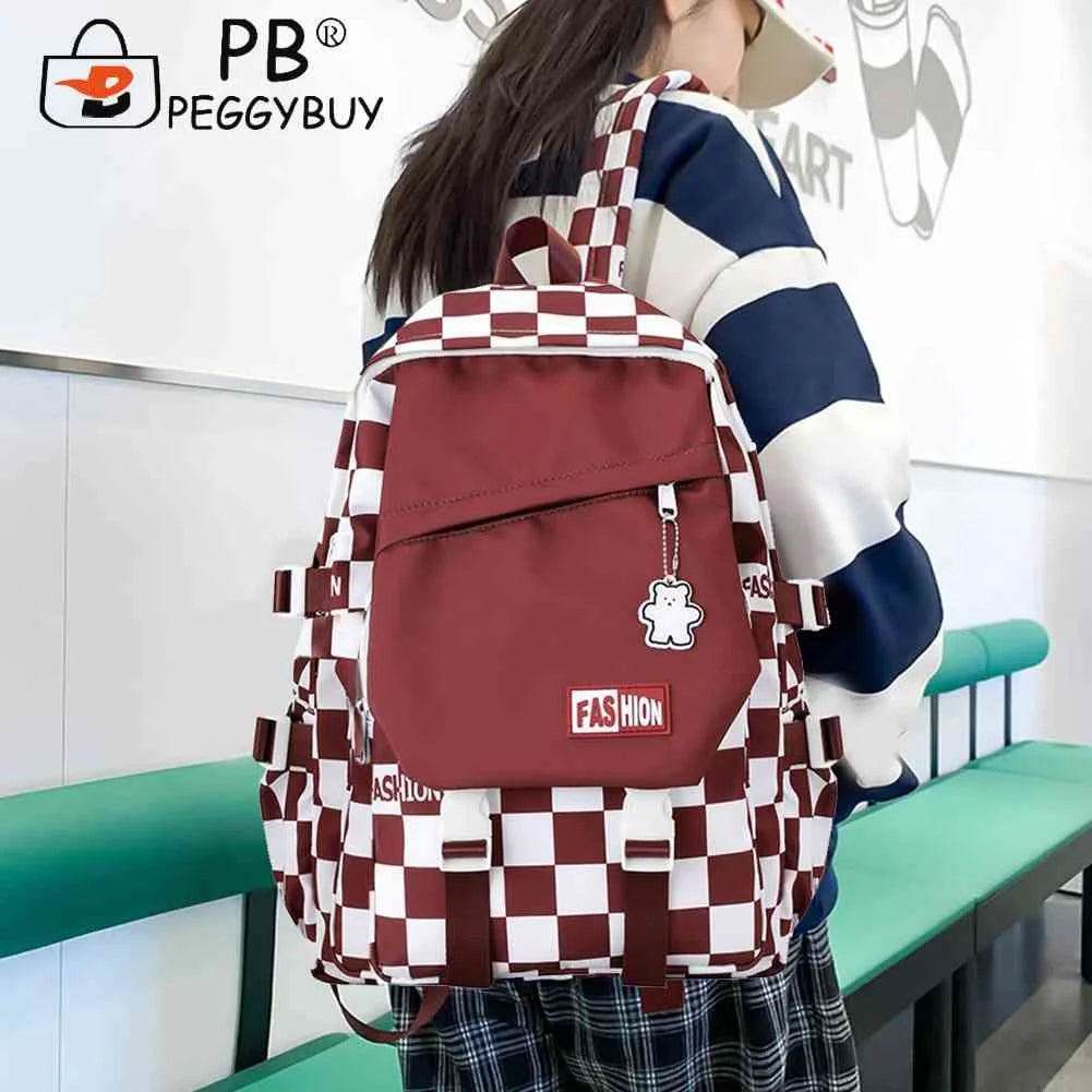 Harajuku Women Backpack Large Capacity Plaid School Bag Portable Travel