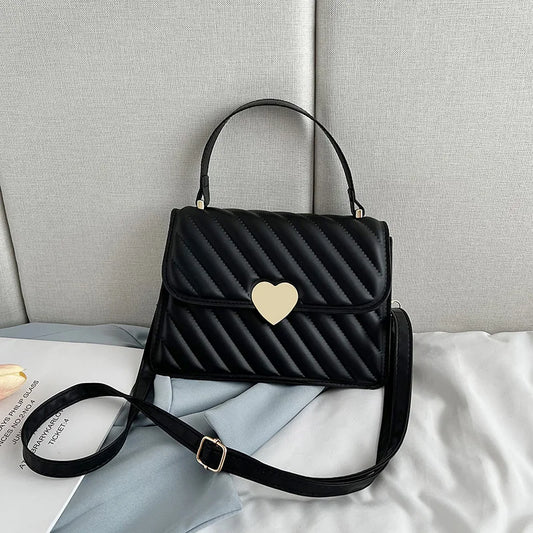 Heart Decor Textured Flap Square Bag PU Leather Shoulder Messenger Handbag
