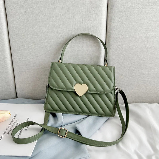 Heart Decor Textured Flap Square Bag PU Leather Shoulder Messenger Handbag