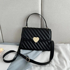 Heart Decor Textured Flap Square Bag PU Leather Shoulder Messenger Handbag