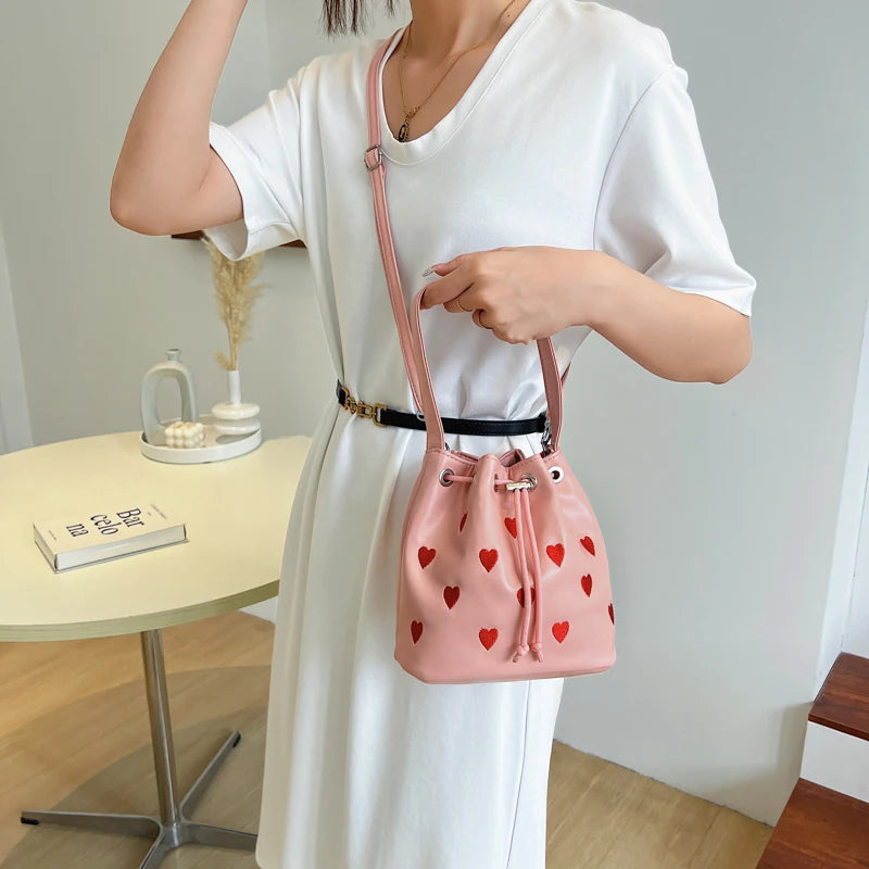 Pink Love Ladies Drawstring Bucket Purse Handbag