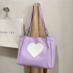 Heart Pattern Women PU Leather Shoulder Bag Purple Underarm Tote Handbag