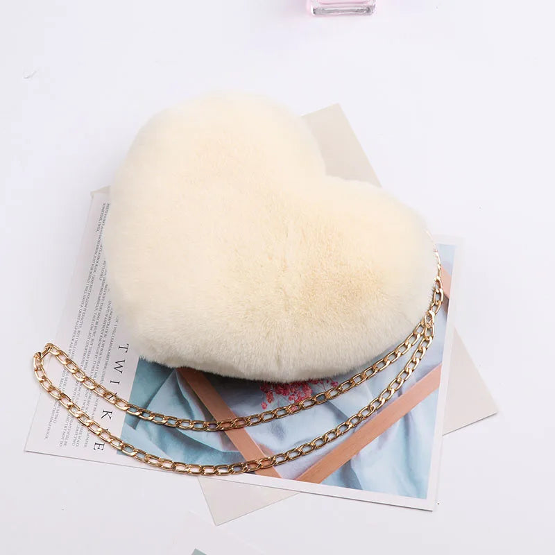 Heart-Shaped Crossbody Bag Faux Fur Shoulder Messenger Small Chain Handbag