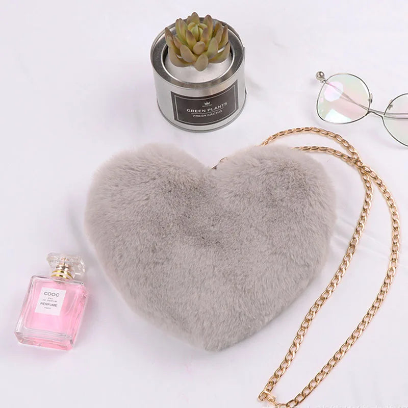 Heart-Shaped Crossbody Bag Faux Fur Shoulder Messenger Small Chain Handbag