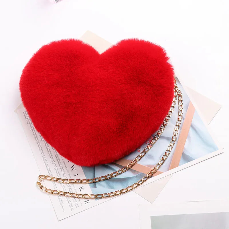 Heart-Shaped Crossbody Bag Faux Fur Shoulder Messenger Small Chain Handbag