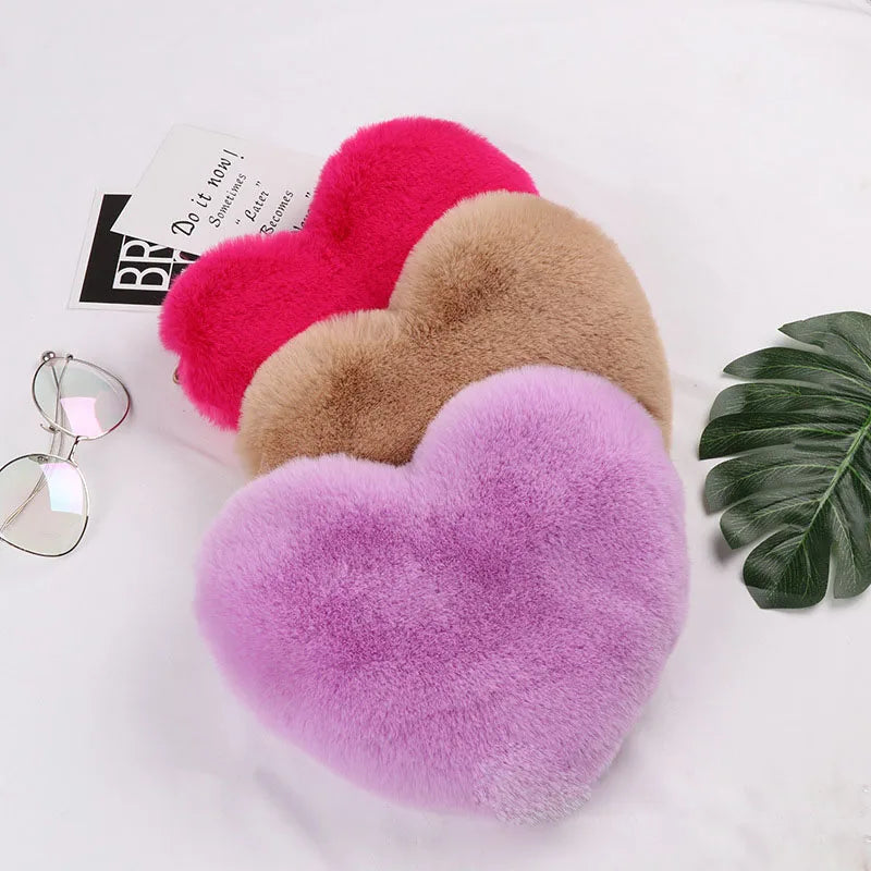 Heart-Shaped Crossbody Bag Faux Fur Shoulder Messenger Small Chain Handbag