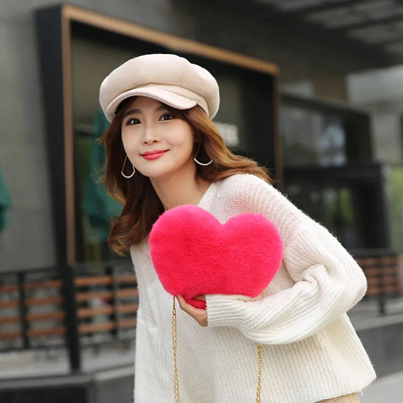 Heart-Shaped Crossbody Bag Faux Fur Shoulder Messenger Small Chain Handbag