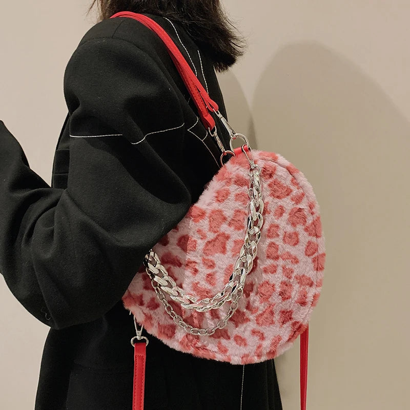 Leopard Print Armpit Bag Winter Plush Women's Handbag