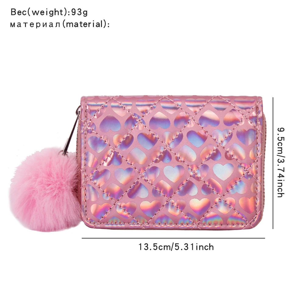 Heart-Shaped Laser PU Wallet Plush Sequin Handbag