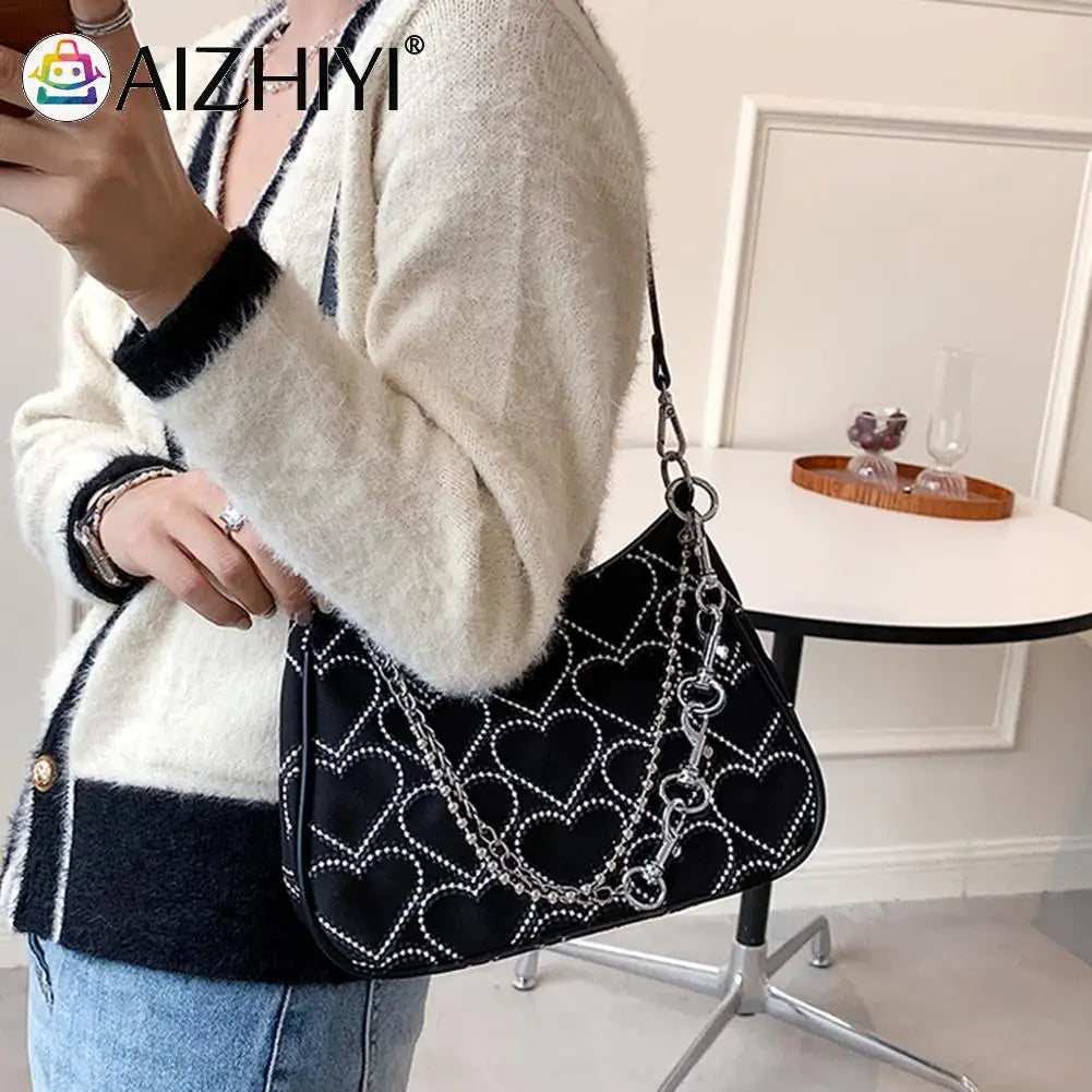 Hearts Embroidery Women Underarm Bag Chain Shoulder Bag