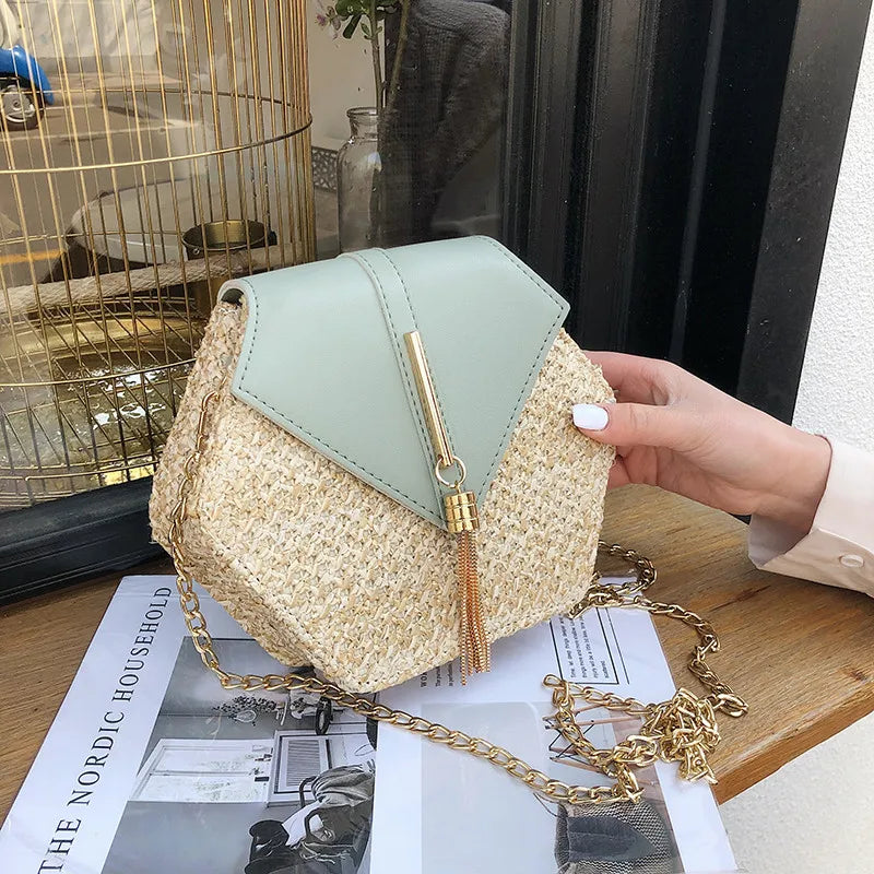 Hexagon Straw+Leather Handbag Summer Rattan Beach Shoulder Bag