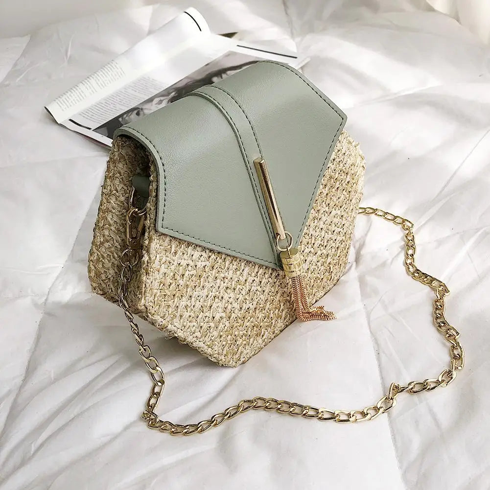 Hexagon Shoulder Bag Woven Beach Circle Handbag Summer Rattan Bag