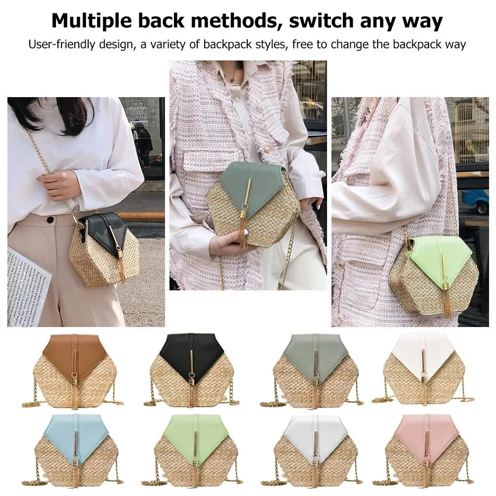 Hexagon Shoulder Bag Woven Beach Circle Handbag Summer Rattan Bag