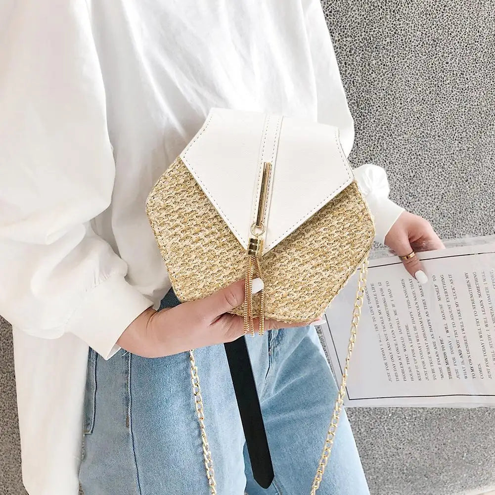 Hexagon Shoulder Bag Woven Beach Circle Handbag Summer Rattan Bag