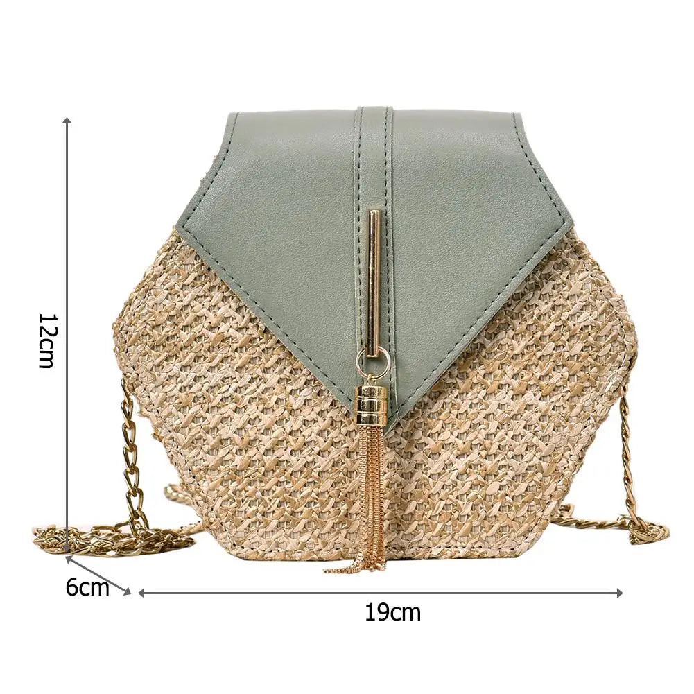 Hexagon Shoulder Bag Woven Beach Circle Handbag Summer Rattan Bag
