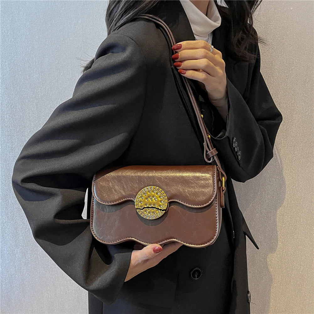 Vintage Waved Bottom Crossbody Bag Small Shoulder Purse Flap Handbag