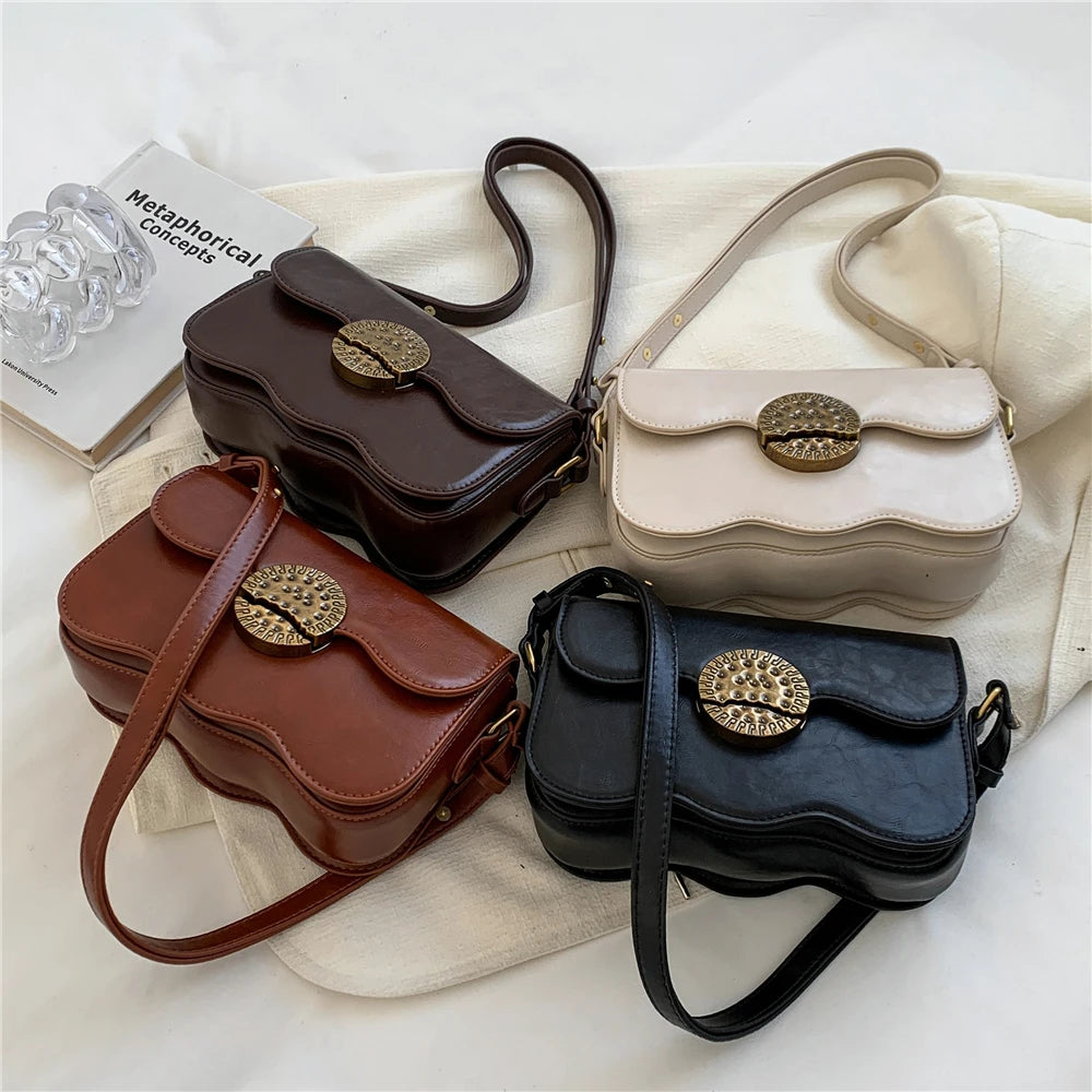 Vintage Waved Bottom Crossbody Bag Small Shoulder Purse Flap Handbag