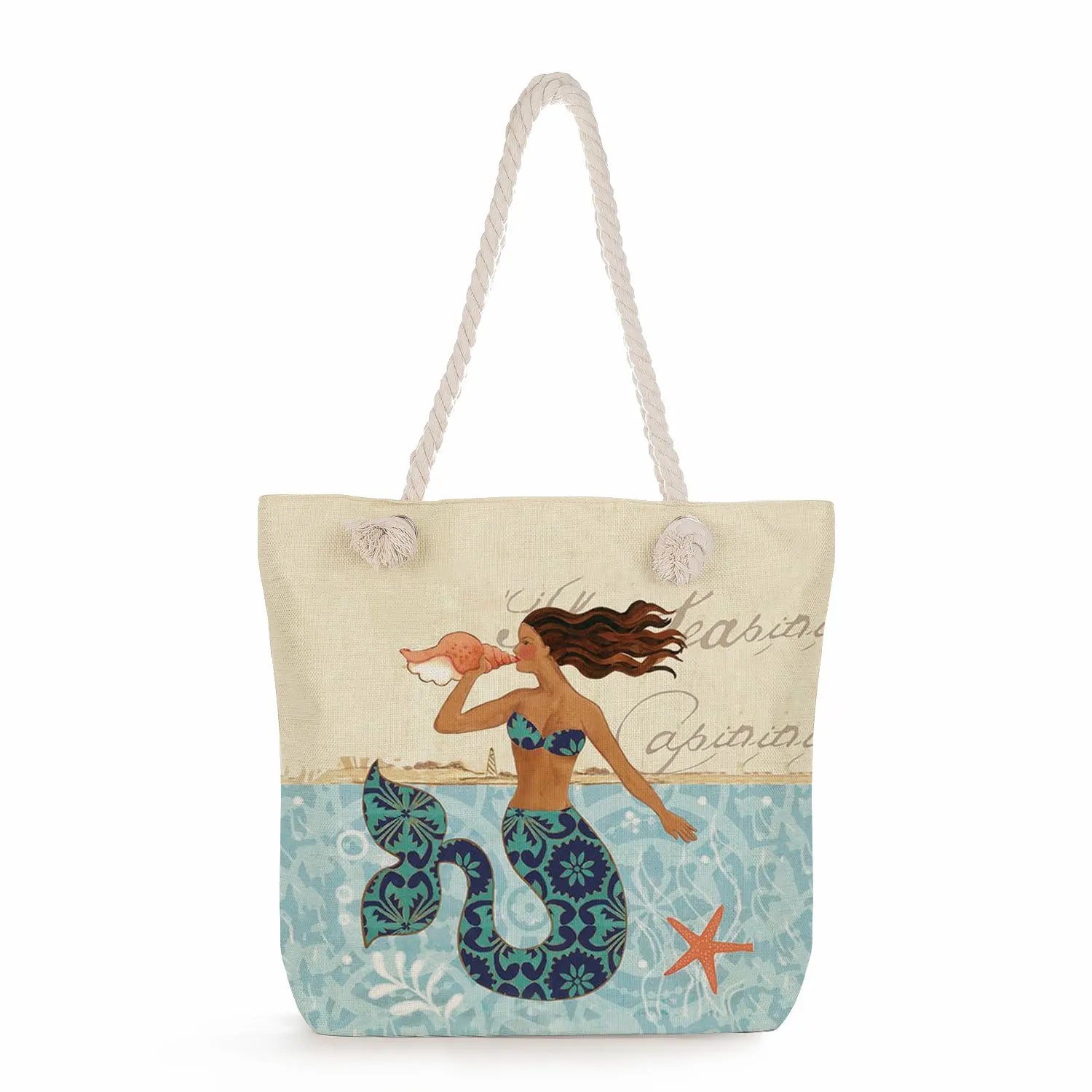 Mermaid Print Tote Bag Casual Handbag for Women High Capacity Portable Travel Be