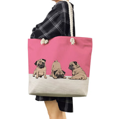 Summer Pug Print Tote Bag Linen Rope Shoulder Bag