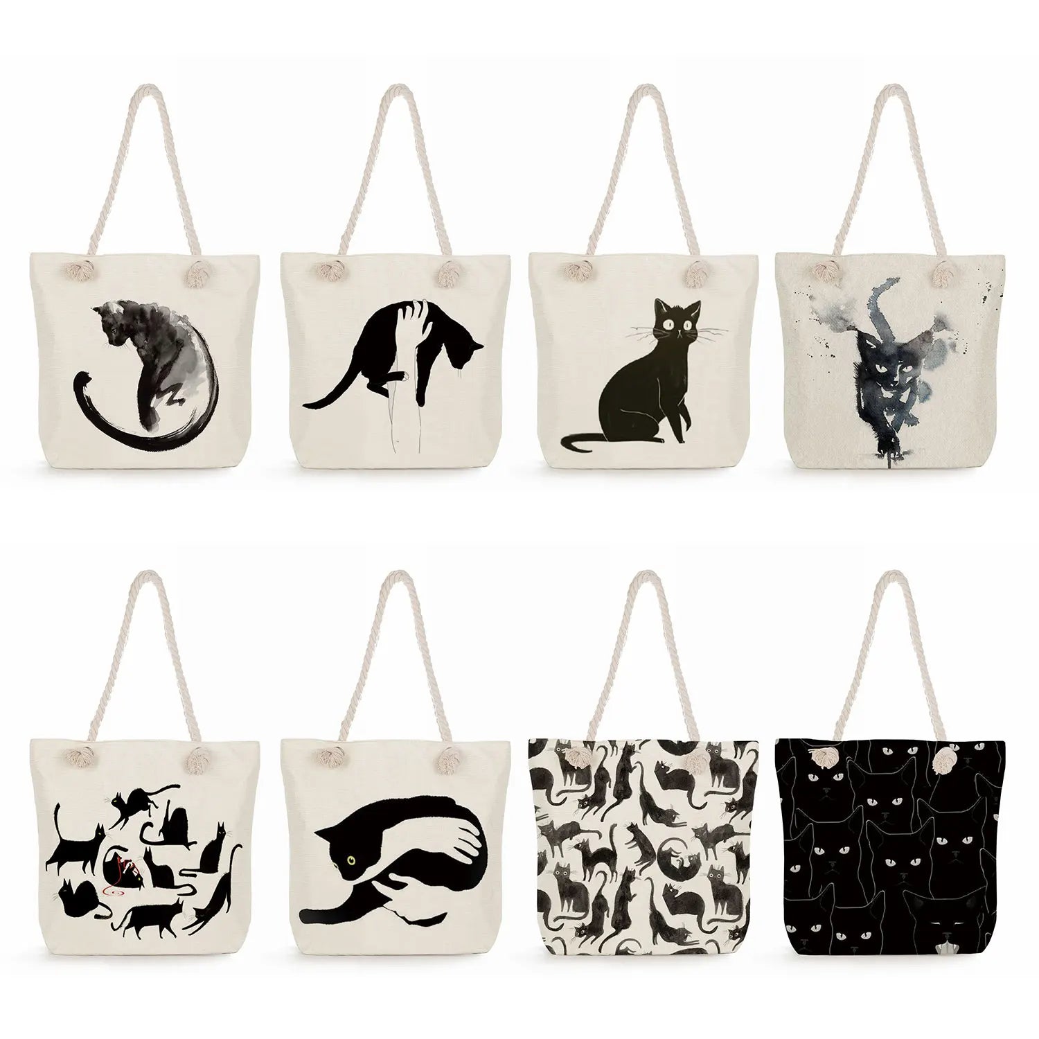 Cat Print Tote Bag High Capacity Reusable Shopper Foldable Handbag