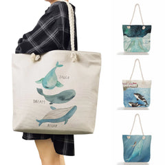 Whale Girl Printed Linen Tote Beach Bag Eco-Friendly Sea Series Shoulder Bag