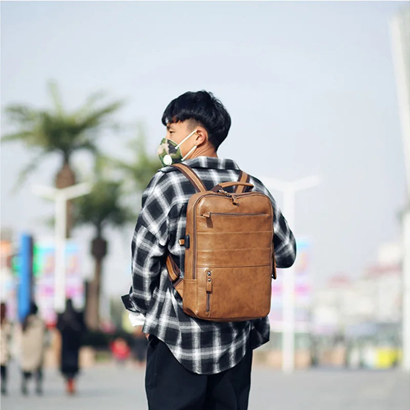 Vintage Laptop Backpack Men Waterproof Pu Leather