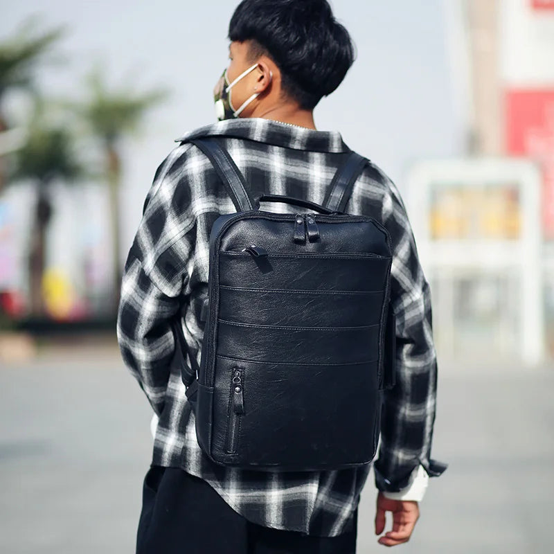 Vintage Laptop Backpack Men Waterproof Pu Leather
