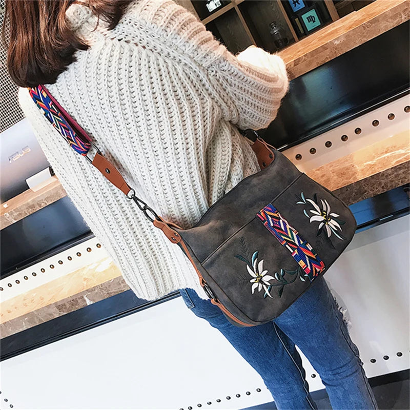 Abrasive Fabric Women Bag Embroidery Handbag Crossbody Tote