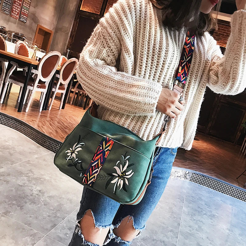 Abrasive Fabric Women Bag Embroidery Handbag Crossbody Tote