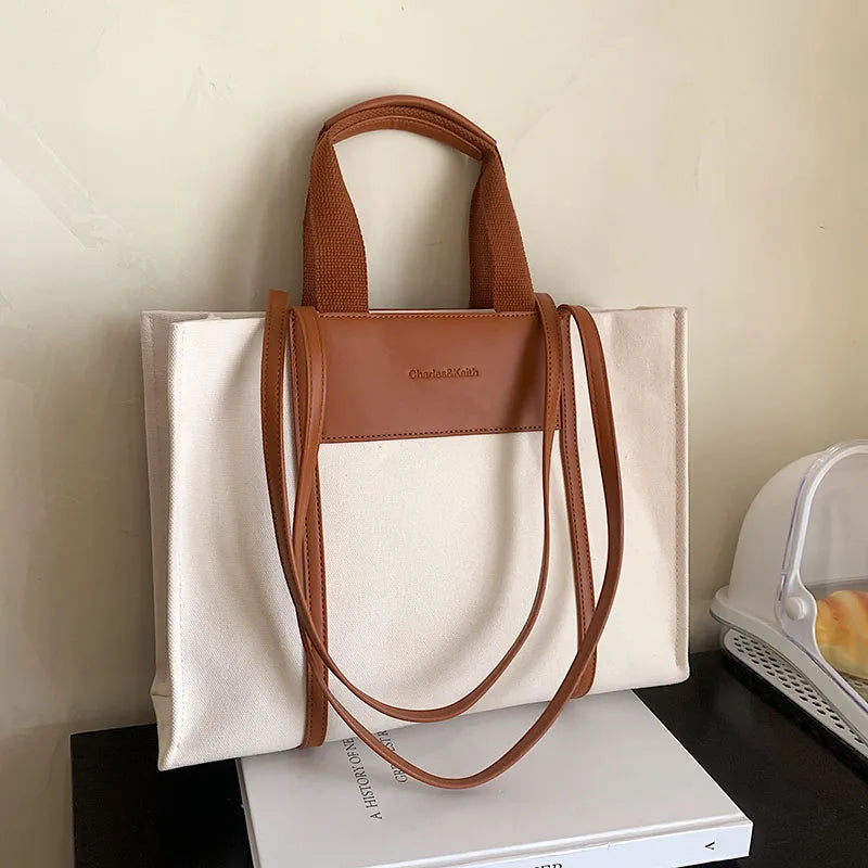Canvas & Leather Shoulder Bag for Women - Large Capacity Handbag