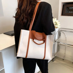 Canvas & Leather Shoulder Bag for Women - Large Capacity Handbag