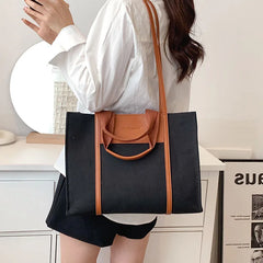 Canvas & Leather Shoulder Bag for Women - Large Capacity Handbag