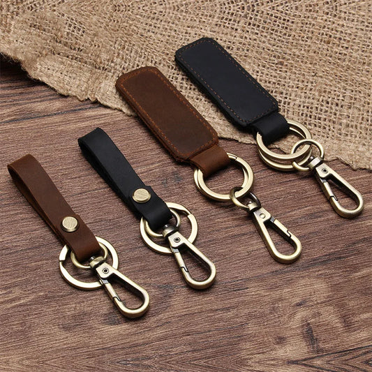 High Crazy Horse Leather Keychain Metal Hook Detachable