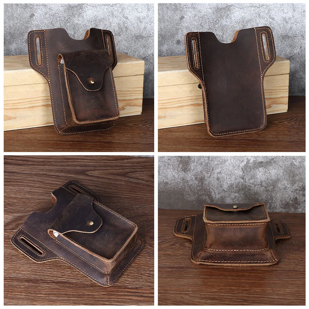 High Crazy Horse Leather Waist pack Phone Bag Belt Loop Hook Waist Pouch Brown