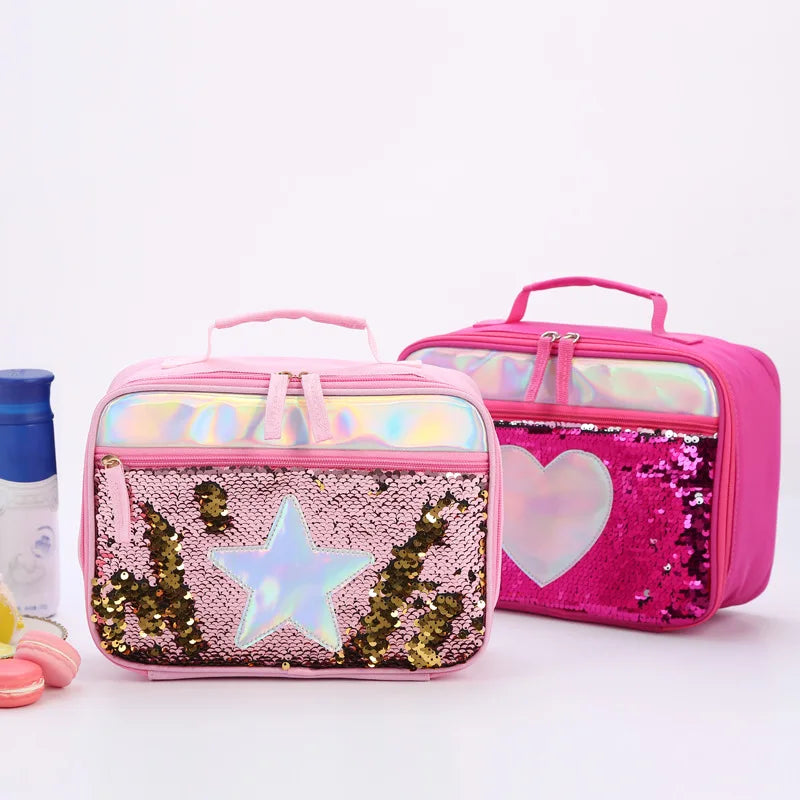 Waterproof Sequin Insulated Kids Lunch Box Glitter Tote Bag Cooler Picnic Pouch