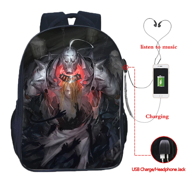 Fullmetal Alchemist USB Charging School Bag Casual Backpack