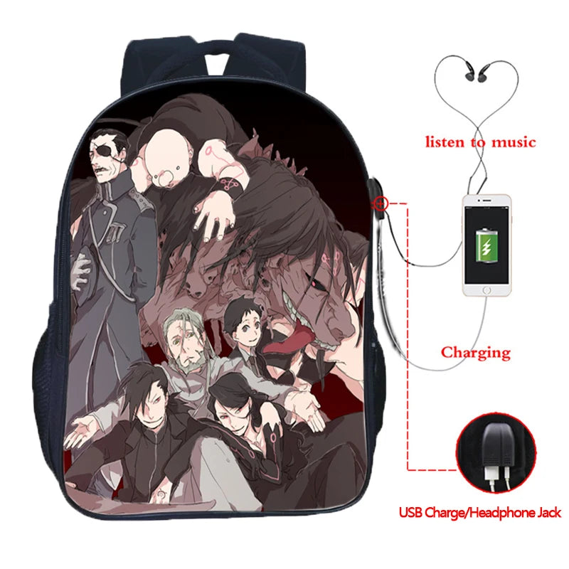 Fullmetal Alchemist USB Charging School Bag Casual Backpack
