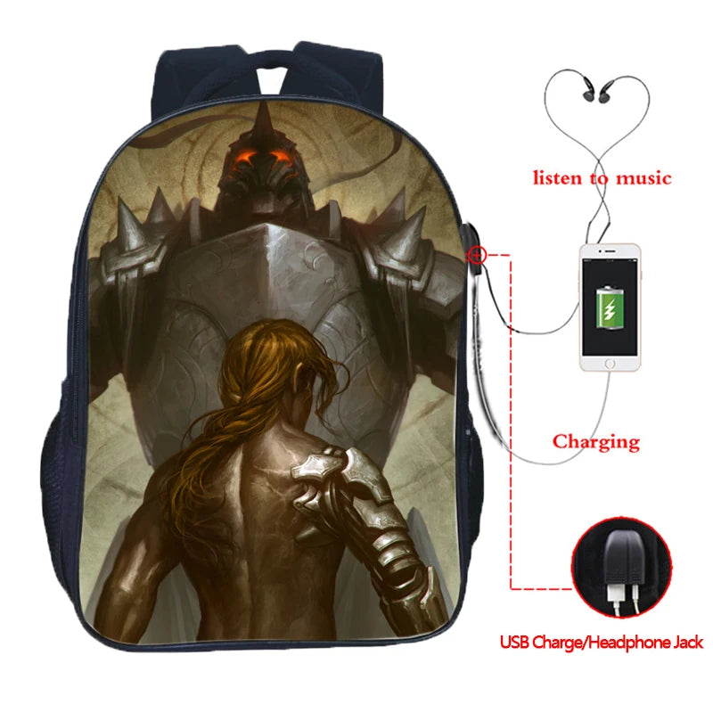 Fullmetal Alchemist USB Charging School Bag Casual Backpack