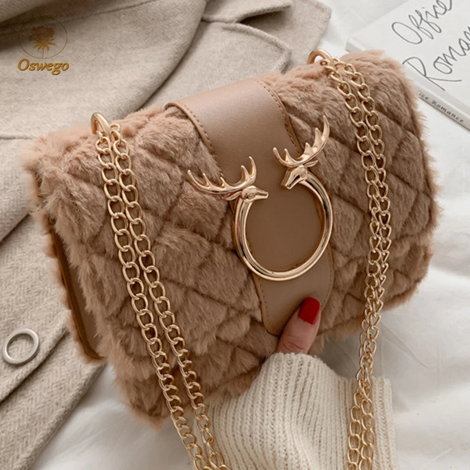 Plush Leather Chain Shoulder Bag Women Crossbody Winter Handbag