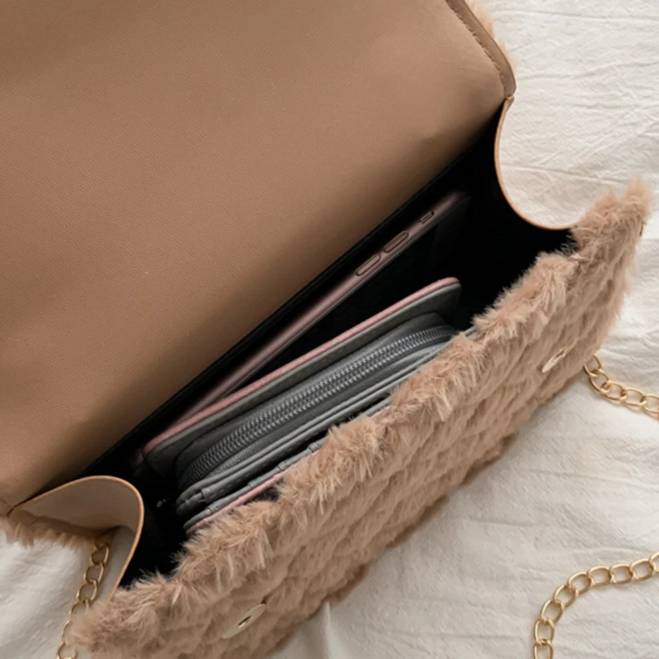 Plush Leather Chain Shoulder Bag Women Crossbody Winter Handbag