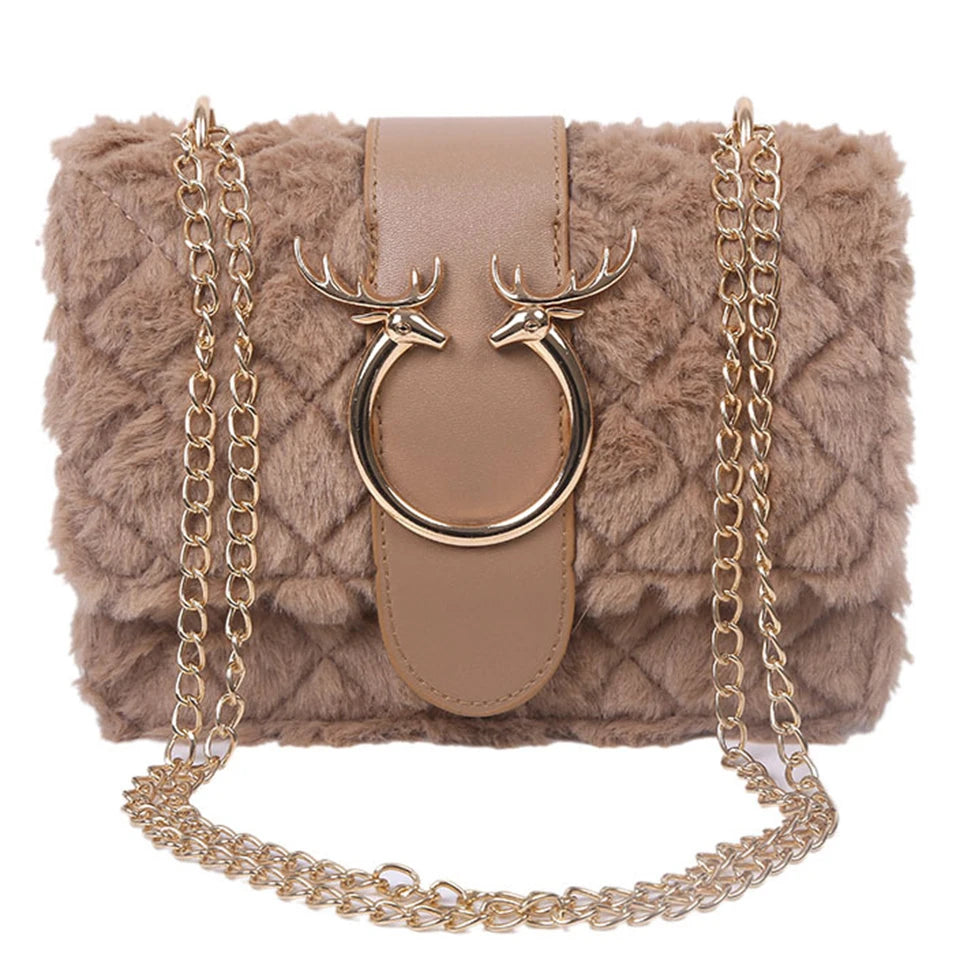 Plush Leather Chain Shoulder Bag Women Crossbody Winter Handbag