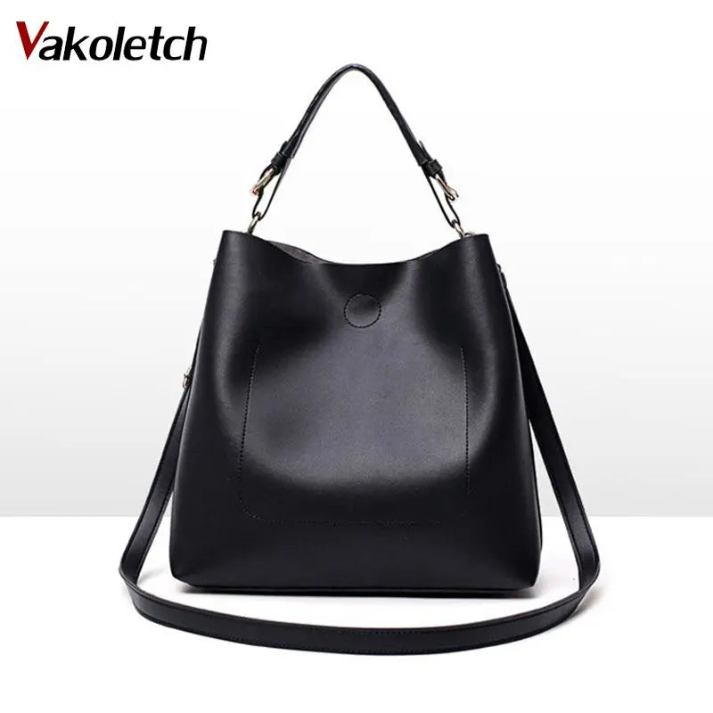 High Leather Women Bag Bucket Shoulder Bags Solid Big Capacity Tote