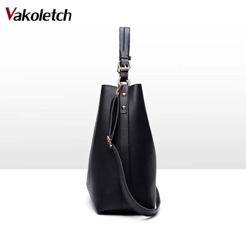 High Leather Women Bag Bucket Shoulder Bags Solid Big Capacity Tote