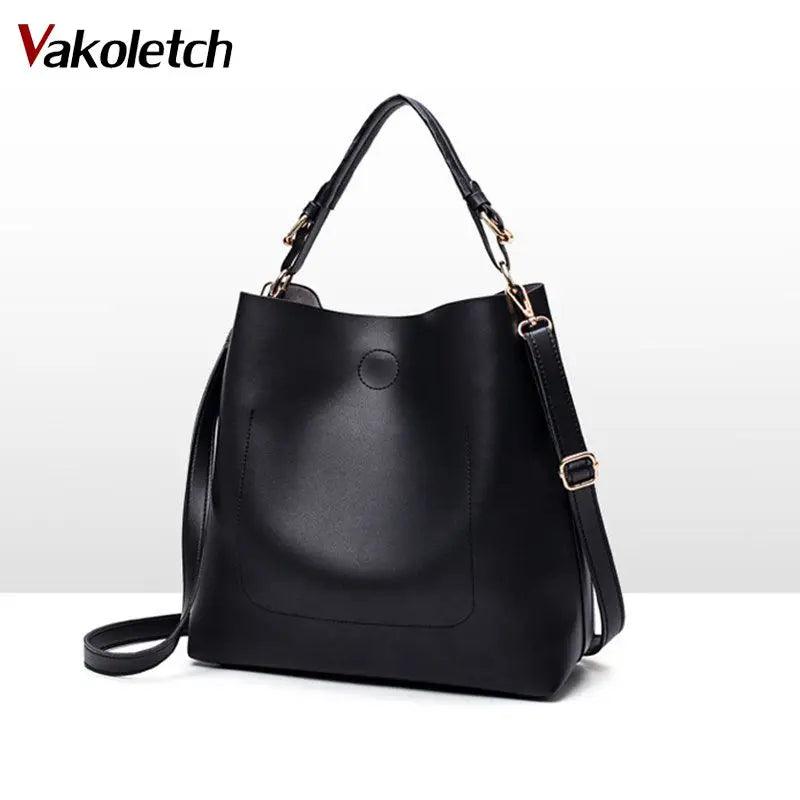 High Leather Women Bag Bucket Shoulder Bags Solid Big Capacity Tote