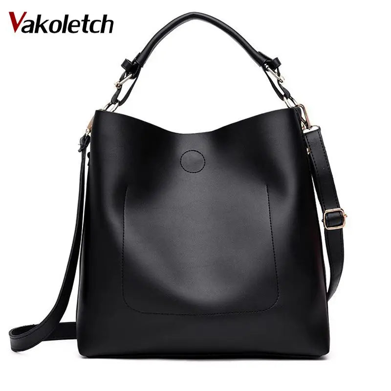 High Leather Women Bag Bucket Shoulder Bags Solid Big Capacity Tote