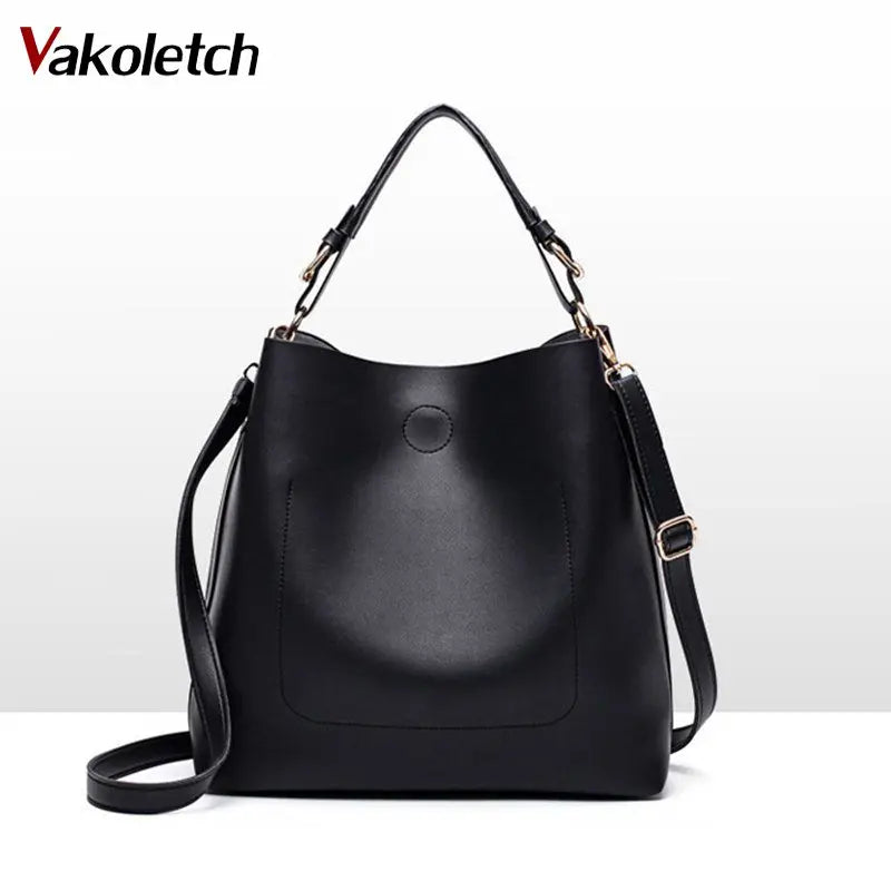 High Leather Women Bag Bucket Shoulder Bags Solid Big Capacity Tote