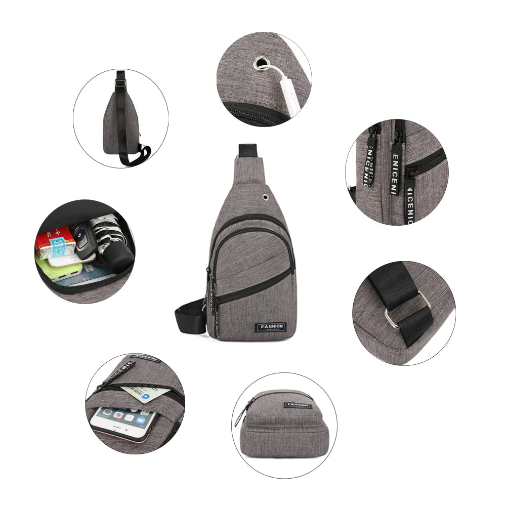 High Men Chest Bag Anti-Theft Sling Pack USB Charge Port Satchel